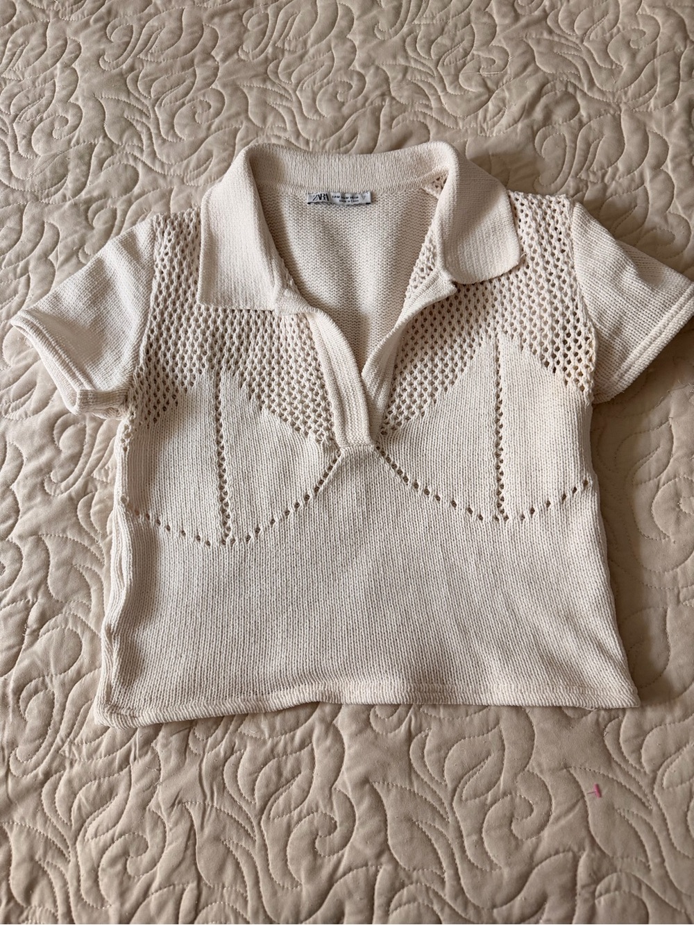 Zara Cream Knit Polo Top with Openwork Detail Medium
